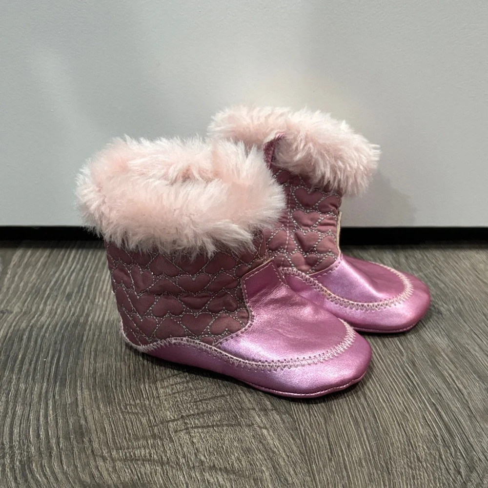 Pink Baby Booties with Faux Fur Trim